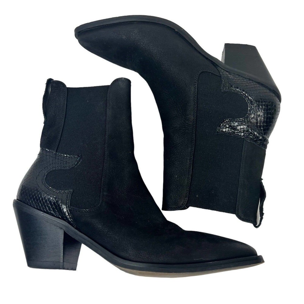 AllSaints Black Sara Nubuck Western Heel Ankle Boots Size 39 US 8 Snake
